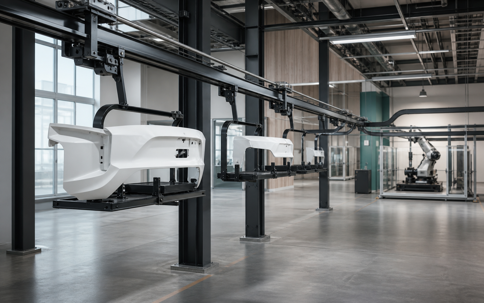 Overhead conveyor carrying automotive parts through a modern production hall